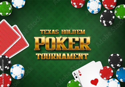 Poker tournament banner. Casino logo with cards and chips. Vector illustration.