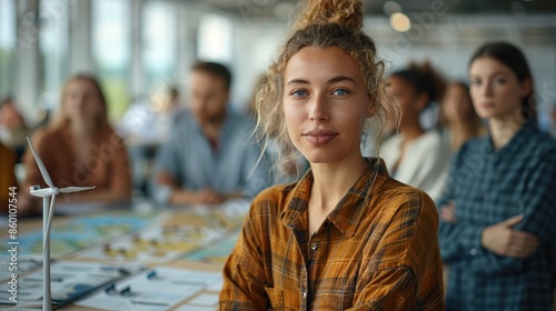 A professional woman in a modern office setting stands confidently, showcasing an eco-friendly model in her hand and symbolizing leadership and innovation in sustainability. photo