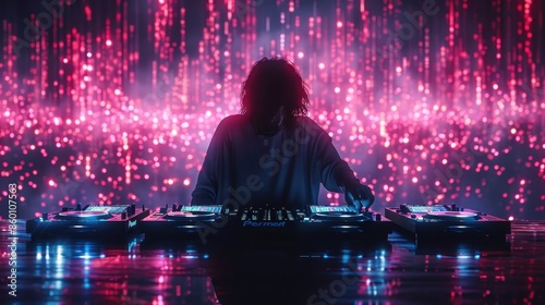 A DJ is immersed in mixing music at their console while surrounded by dynamic, glowing light effects on stage, creating an electrifying and high-energy musical experience.