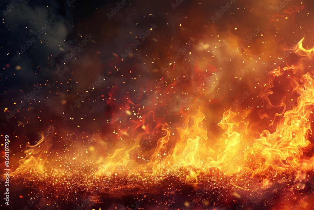 A fire is burning in the background, with a lot of smoke and ash A fire is burning in the background, with a lot of smoke and ash