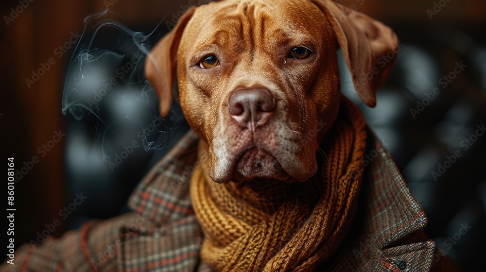 Obraz premium A distinguished dog dressed in stylish attire, with swirling smoke around, evoking a sense of sophistication, elegance, and the juxtaposition of human traits in animals.