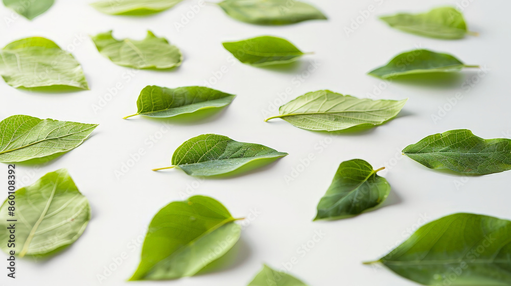 Fresh green leaves scattered across a clean white background, creating a minimalist and natural composition Fresh green leaves scattered across a clean white background, creating a minimalist and natural composition