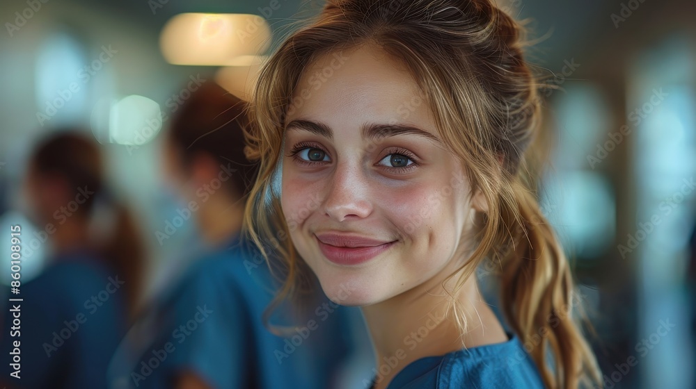 A young nurse, with a warm and inviting smile, stands in a busy hospital setting, highlighting the compassion and dedication of healthcare professionals. A young nurse, with a warm and inviting smile, stands in a busy hospital setting, highlighting the compassion and dedication of healthcare professionals.