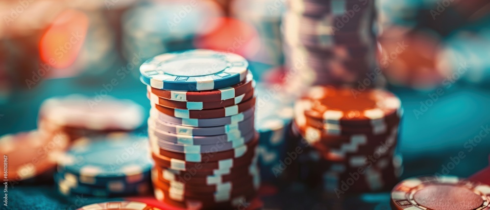 Close-up of colorful poker chips stacked on a green felt table. Perfect for gambling, casino, or gaming concepts. Close-up of colorful poker chips stacked on a green felt table. Perfect for gambling, casino, or gaming concepts.