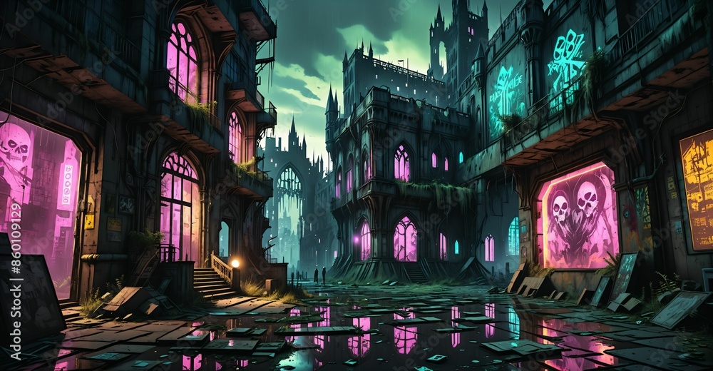 Obraz premium gothic cyberpunk castle medieval palace on city street at night. dystopian goth architecture downtown building with cyber neon lights and urban puddle reflections.