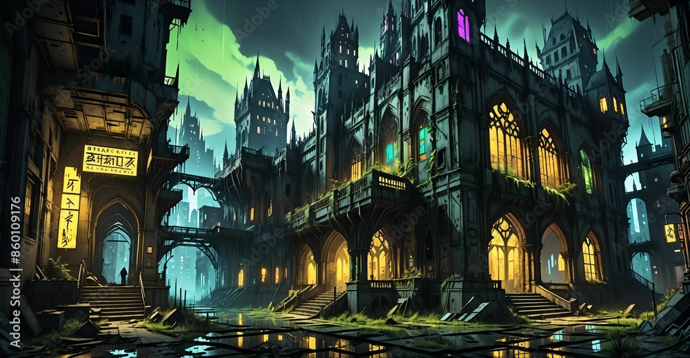 Obraz premium gothic cyberpunk castle medieval palace on city street at night. dystopian goth architecture downtown building with cyber neon lights and urban puddle reflections.