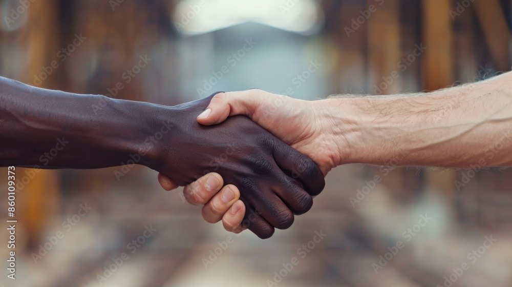 Handshaking of a business deal between black and caucasian people. Copy space. Industrial background. Handshaking of a business deal between black and caucasian people. Copy space. Industrial background.