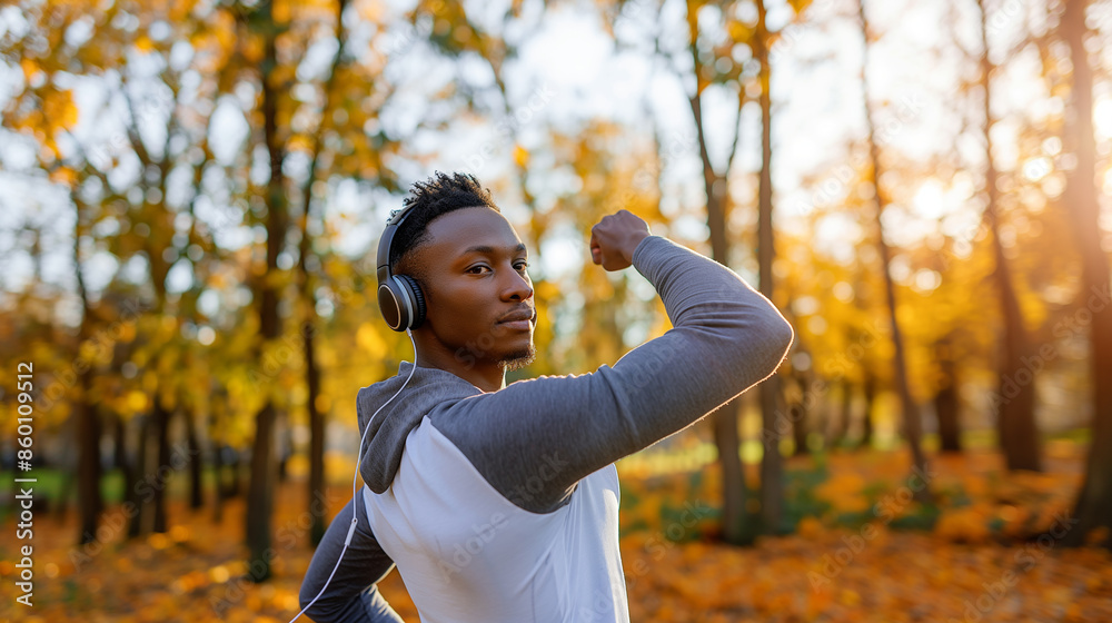 Fototapeta premium African American man wearing wireless headphones stretches his arm muscles before starting his morning jog in the park.