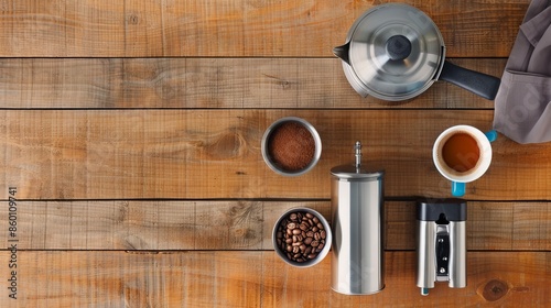 Flat lay composition of artisanal coffee brewing equipment--French press, coffee beans