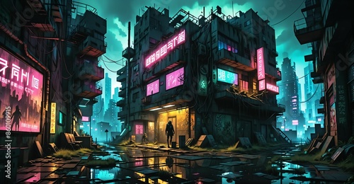 cyberpunk city buildings sci fi futuristic wasteland cyber slums at night. neon signs dystopian town ghetto urban downtown business and houses night life.