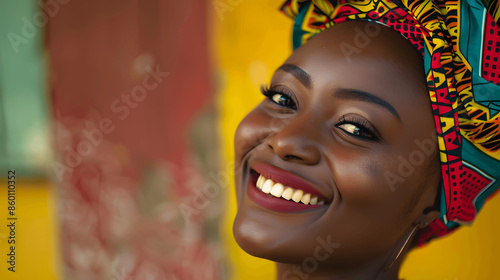 Woman wearing traditional Nigerian gele headwrap photo