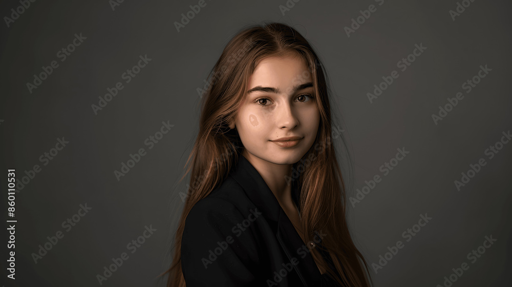 Fototapeta premium Young woman in black blazer with long hair headshot