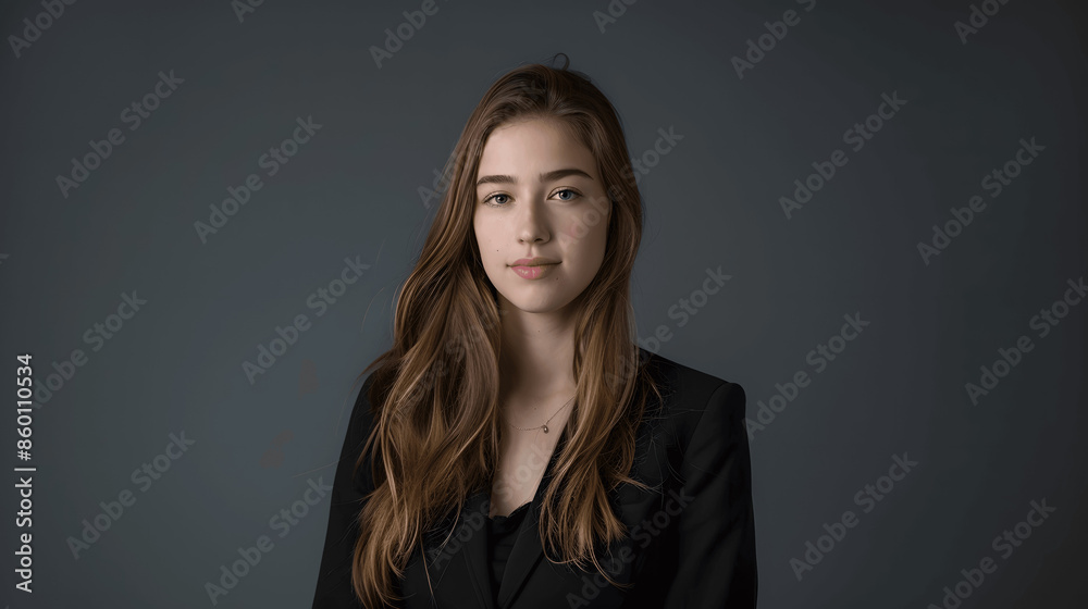 Young woman in black blazer with long hair headshot Young woman in black blazer with long hair headshot