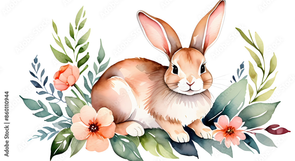 Cartoon drawing of a little brown rabbit and various flowers. watercolor painting style has a transparent background. Cartoon drawing of a little brown rabbit and various flowers. watercolor painting style has a transparent background.