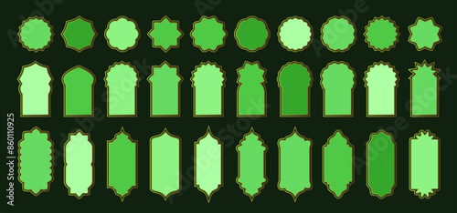 Vector green gold Ramadan Kareem mosque gates, doors, windows kit. Oriental style Turkish Islamic luxury arches, labels, textboxes. Saudi Arabia simple shape frames. Muslim Indian architecture icons