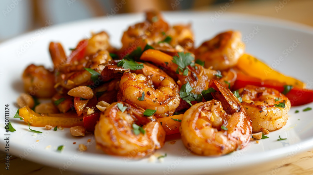 A plate of shrimp and peppers with a sprinkle of parsley A plate of shrimp and peppers with a sprinkle of parsley