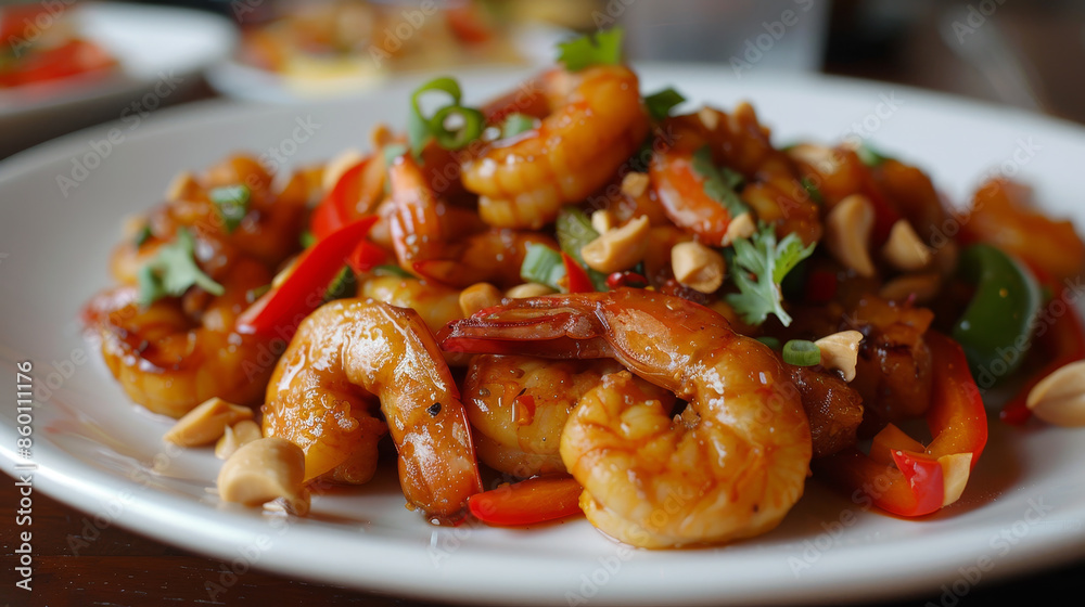 A plate of shrimp and peppers with a side of peanuts A plate of shrimp and peppers with a side of peanuts