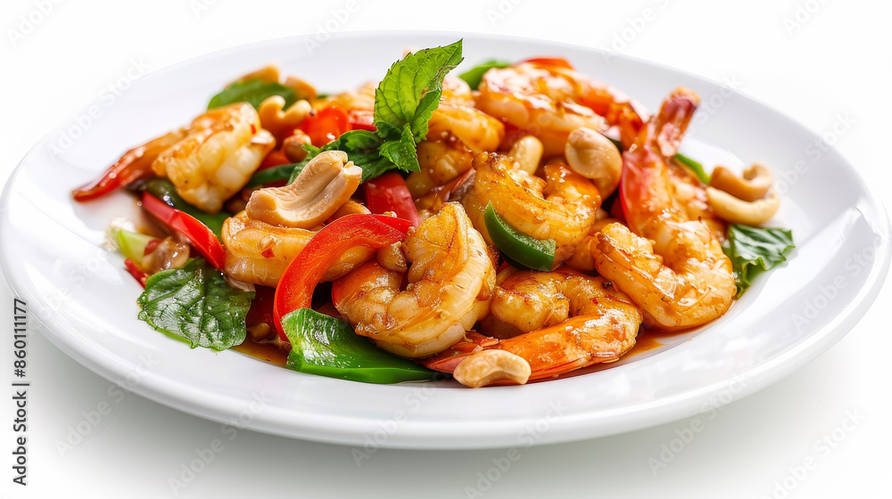 A plate of shrimp and vegetables with a green leaf on top A plate of shrimp and vegetables with a green leaf on top