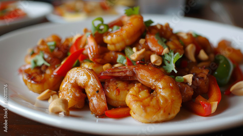 A plate of shrimp and peppers with a side of peanuts