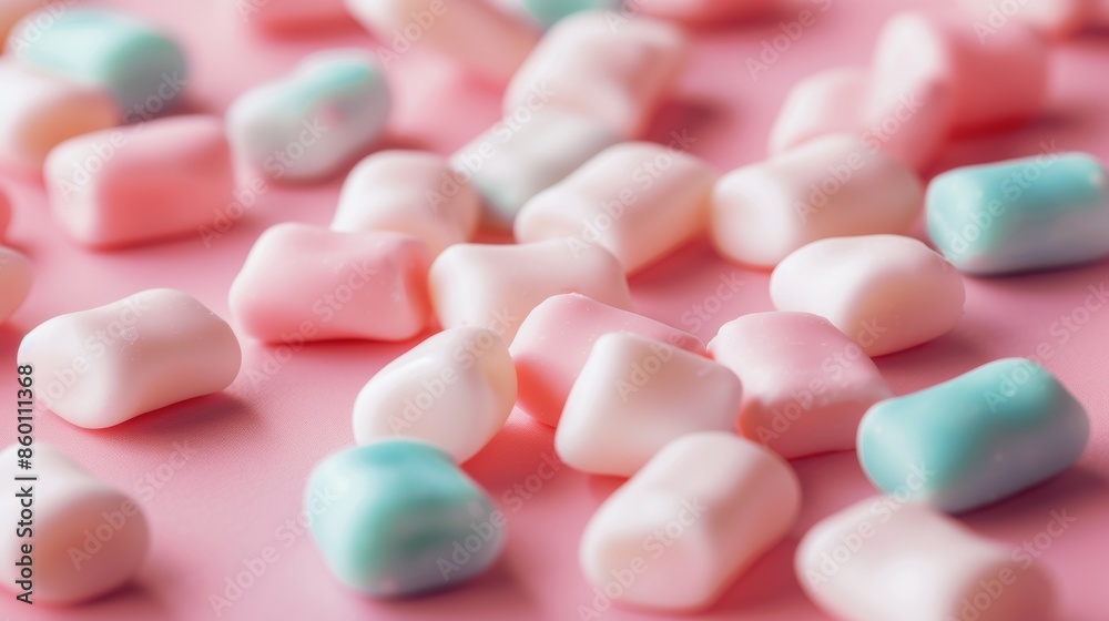 Colorful mini marshmallows scattered on a pink background, showcasing pastel hues of pink, blue, and white. Ideal for sweet treat concepts. Colorful mini marshmallows scattered on a pink background, showcasing pastel hues of pink, blue, and white. Ideal for sweet treat concepts.