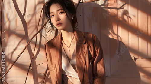 High fashion photo of a beautiful elegant young asian woman in sandy brown jacket blazer cream skirt top necklace bracelets Studio Shot Rosy brown and Striped Corrugated Wall dry branc : Generative AI photo