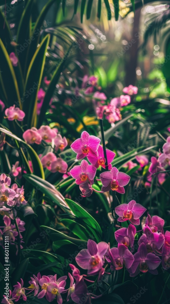 Obraz premium Beautiful pink orchids blooming amidst lush green foliage in a tropical garden, showcasing nature's vibrant colors and serenity.