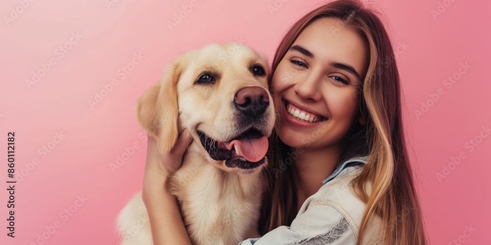 A young girl happily hugs her dog on a pink background. A young girl happily hugs her dog on a pink background.