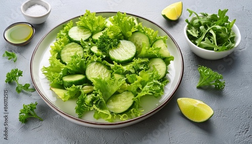 green salad on white background fresh salad leaves and vegetables in white plate healthy vegan food diet food top view image