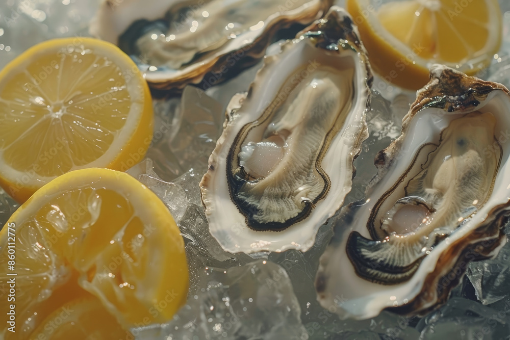 A plate of oysters and lemons on ice A plate of oysters and lemons on ice