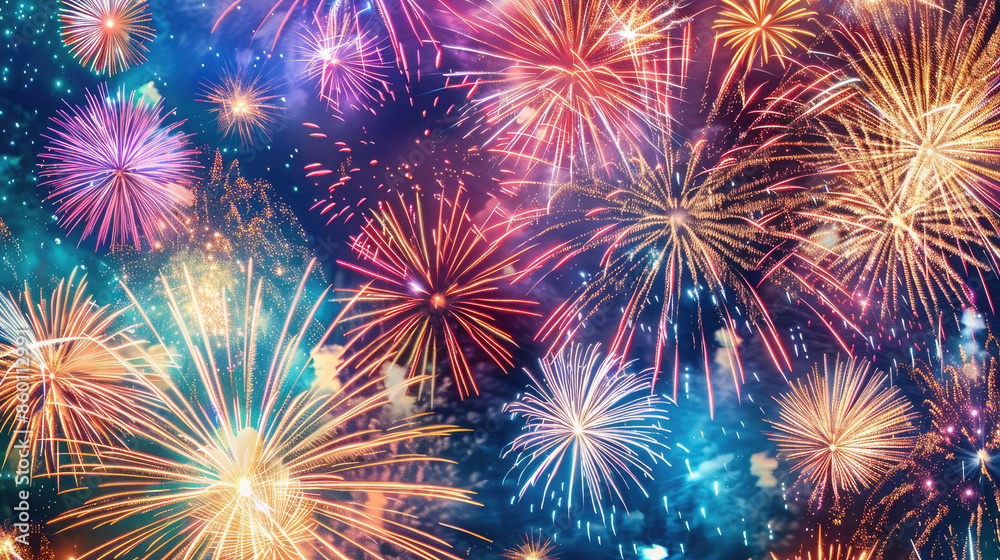 Vivid fireworks light up the night sky with colorful bursts Vivid fireworks light up the night sky with colorful bursts