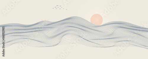 Vector abstract art landscape mountain with birds and sunrise sunset by blue line art texture isolated on white beige earth tone background. Minimal luxury style for wallpaper, wall art decoration.