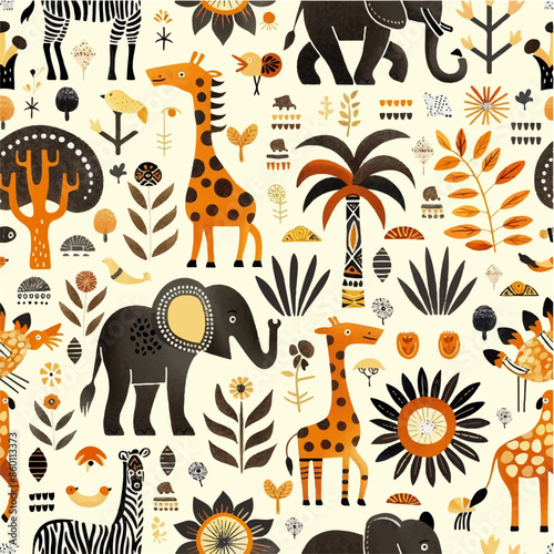Seamless pattern of safari elephants, zebra, giraffes, palm trees, branches with leaves in the savannah on a white background