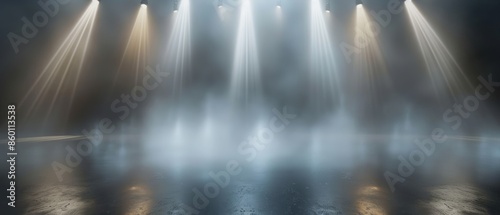 Empty stage with dramatic lighting and foggy atmosphere, perfect for theater, concerts, and performances.