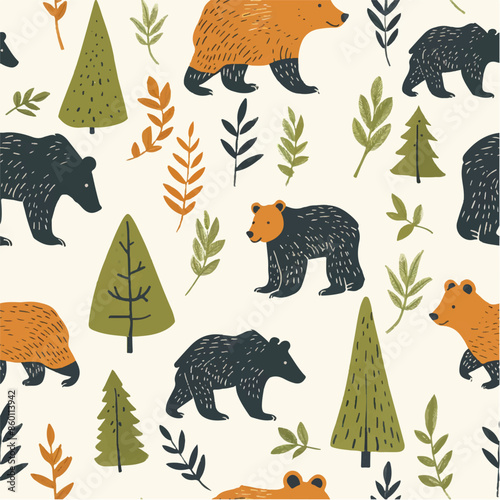 seamless pattern with bears, trees, leaves. beautiful print, cartoon style, flatlay