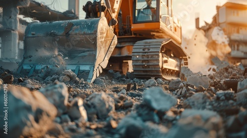 Heavy machinery demolishing a building, surrounded by rubble and debris, capturing the forceful process of urban renewal and construction. photo