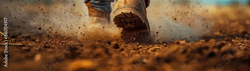 Close up of a boot stepping on dry soil, creating a dust cloud photo