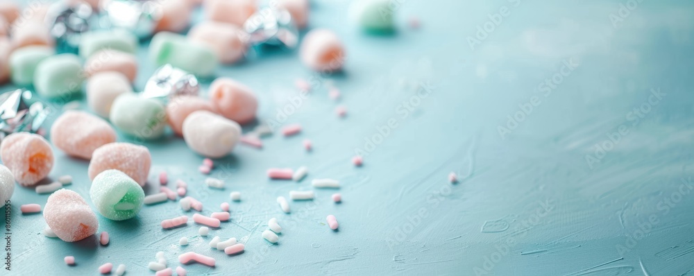 Pastel-colored marshmallows and sprinkles scattered on a light blue surface create a whimsical and sweet scene perfect for candy-themed visuals. Pastel-colored marshmallows and sprinkles scattered on a light blue surface create a whimsical and sweet scene perfect for candy-themed visuals.