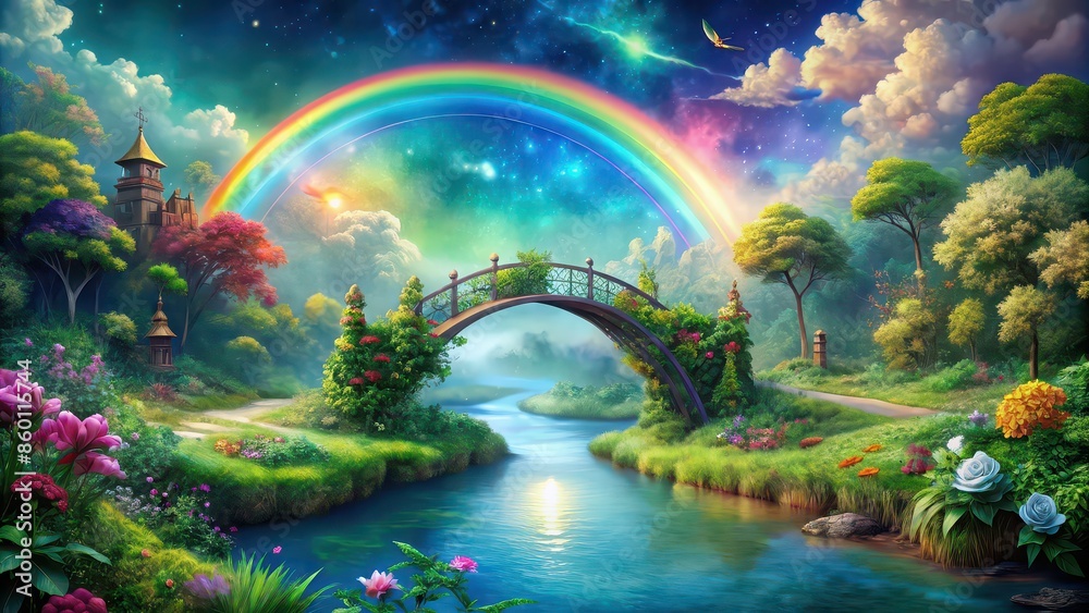of a whimsical scene with a rainbow bridge leading to a magical land of fantasy and wonder , Rainbow, bridge, fantasy, whimsical of a whimsical scene with a rainbow bridge leading to a magical land of fantasy and wonder , Rainbow, bridge, fantasy, whimsical