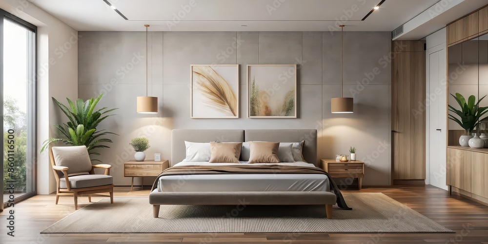 Fototapeta premium Minimalist bedroom with sleek furniture, warm neutral tones, and a statement artwork above the bed, minimalist