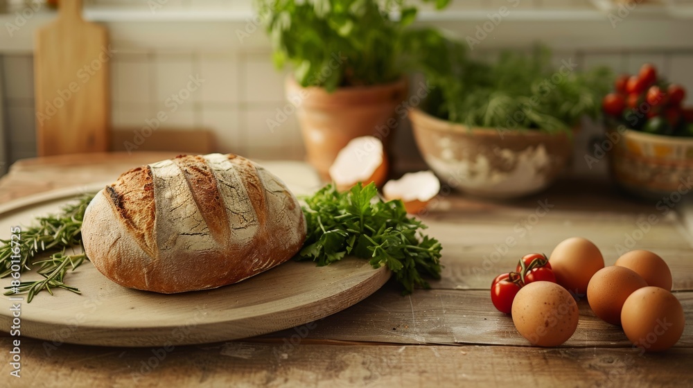 a flat lay composition of farm-to-table breakfast ingredients--farm-fresh eggs, artisan bread a flat lay composition of farm-to-table breakfast ingredients--farm-fresh eggs, artisan bread