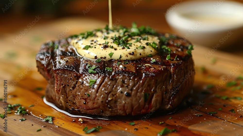 A single, perfectly grilled steak topped with a dollop of creamy sauce, garnished with fresh herbs, resting on a wooden board that captures its texture and savory appeal. A single, perfectly grilled steak topped with a dollop of creamy sauce, garnished with fresh herbs, resting on a wooden board that captures its texture and savory appeal.