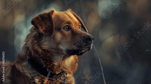 a dog with a dog collar looking at the camera