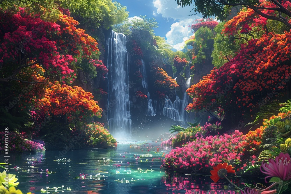 Beautiful Paradise Land with Flower and Waterfall created with Generative AI Beautiful Paradise Land with Flower and Waterfall created with Generative AI
