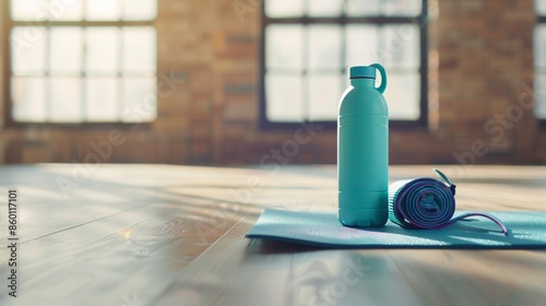 a flat lay composition of fitness essentials--water bottle, yoga mat, and resistance bands photo