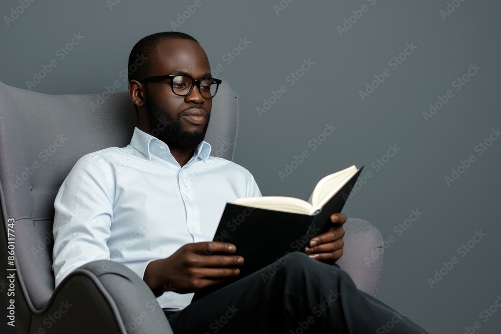 A serious young man sits in an armchair with a book, enjoying relaxation and leisure. A serious young man sits in an armchair with a book, enjoying relaxation and leisure.