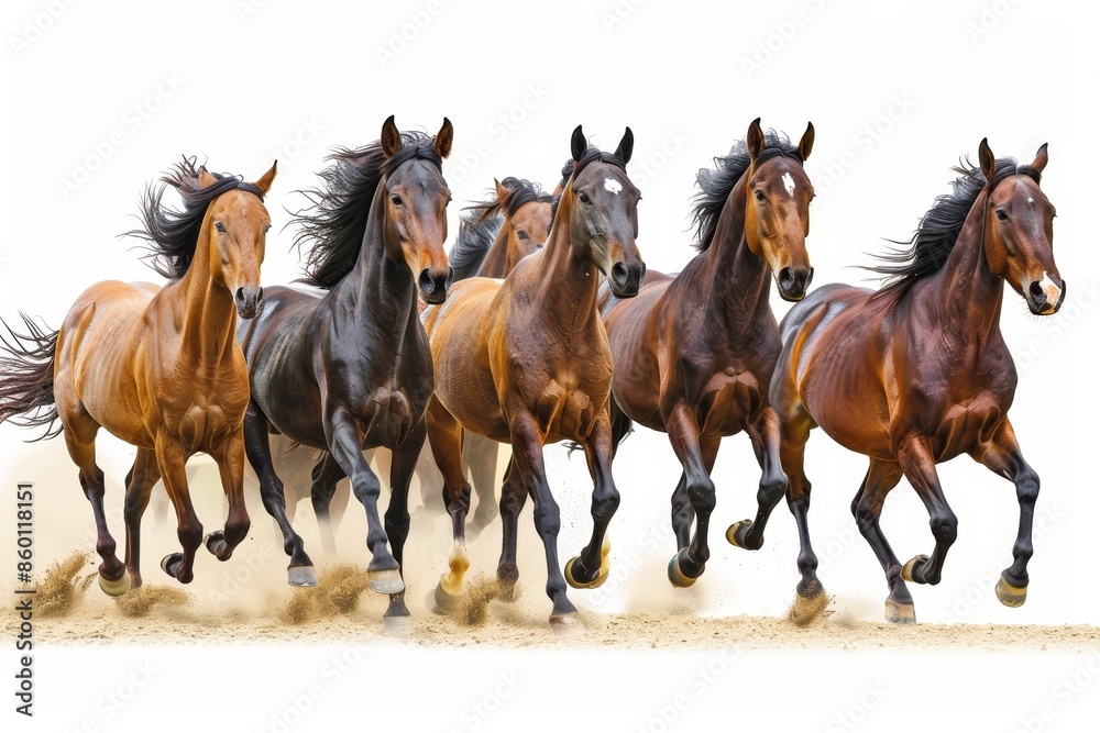 A powerful herd of running horses captured in motion on a white background, showcasing strength and grace with flying manes and hooves kicking up dust. A powerful herd of running horses captured in motion on a white background, showcasing strength and grace with flying manes and hooves kicking up dust.