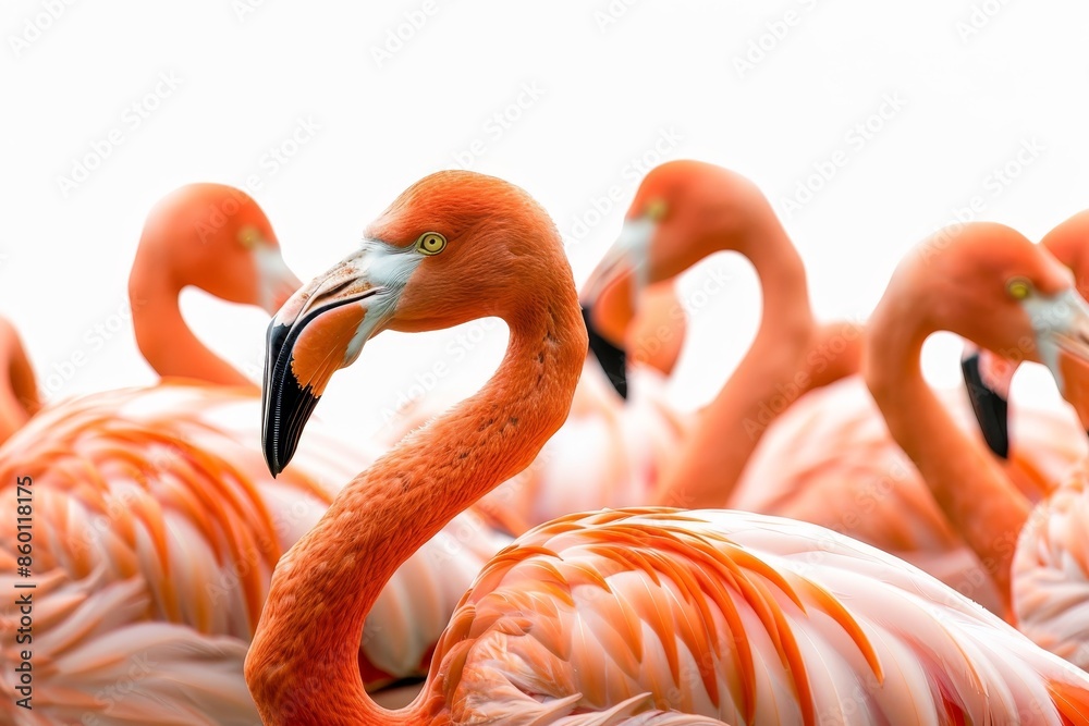 Obraz premium A vibrant flock of flamingos standing close together, showcasing their striking pink feathers and elegant necks on a white background.