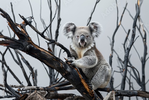 A koala perched on a tree branch in a forest setting, displaying its natural habitat and behavior.