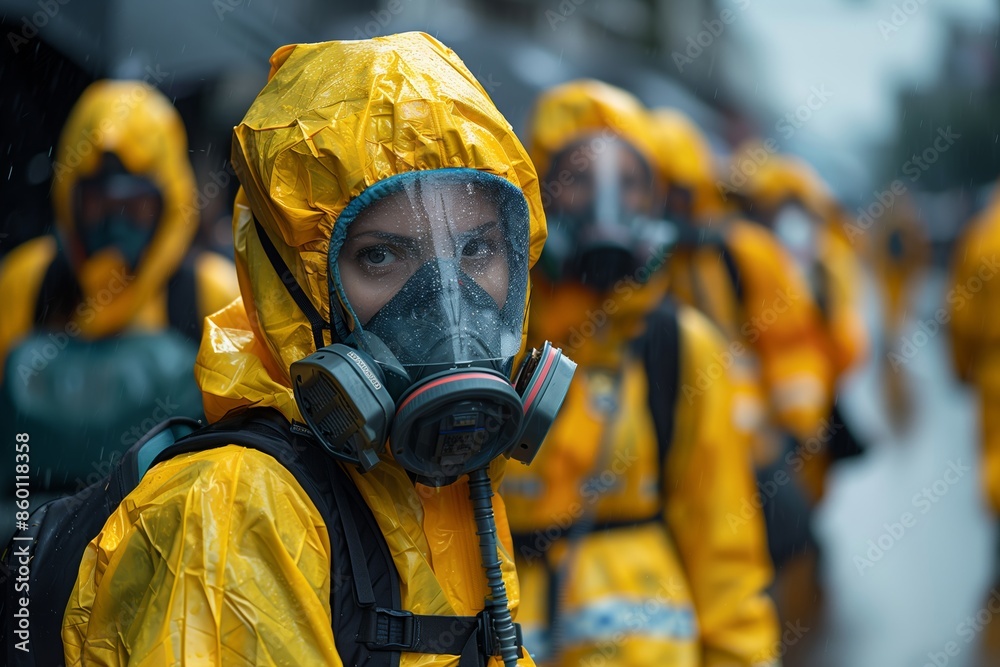 Woman In Yellow Hazmat Suit With Gas Mask, Walking With Other Workers Woman In Yellow Hazmat Suit With Gas Mask, Walking With Other Workers