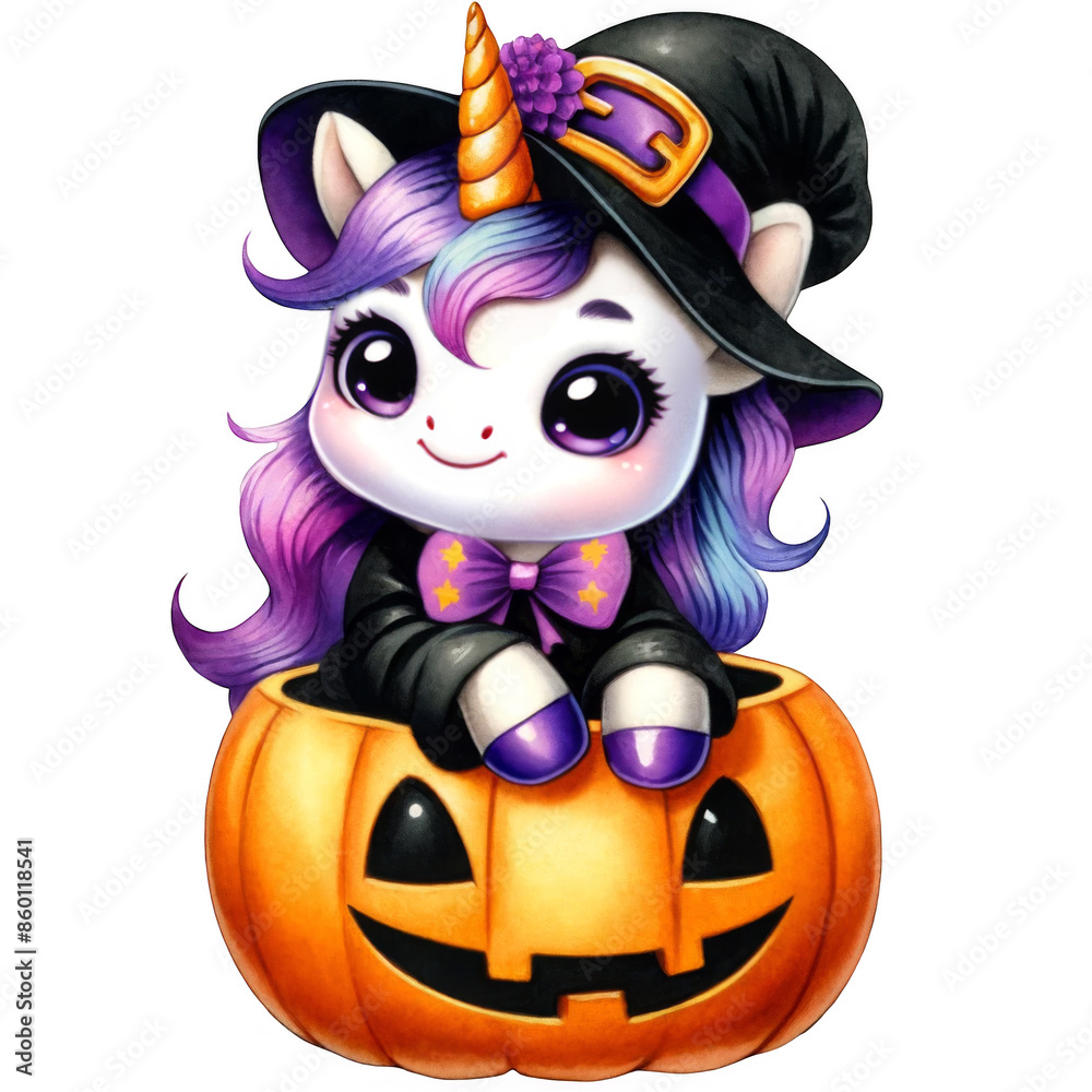 Naklejka premium Cute unicorn witch with a pumpkin
